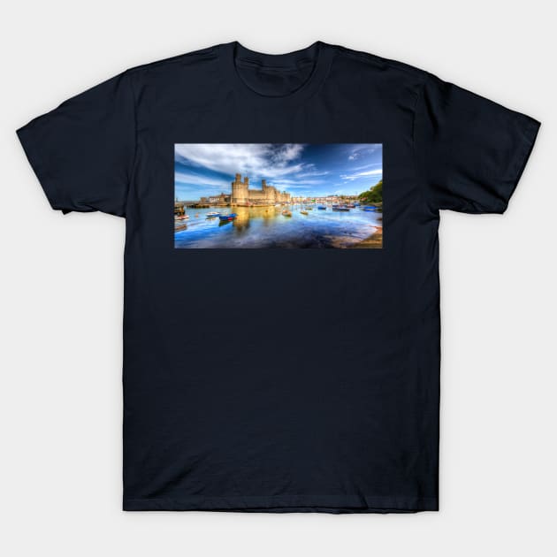 Caernarfon Castle Panorama, Wales, UK T-Shirt by tommysphotos
